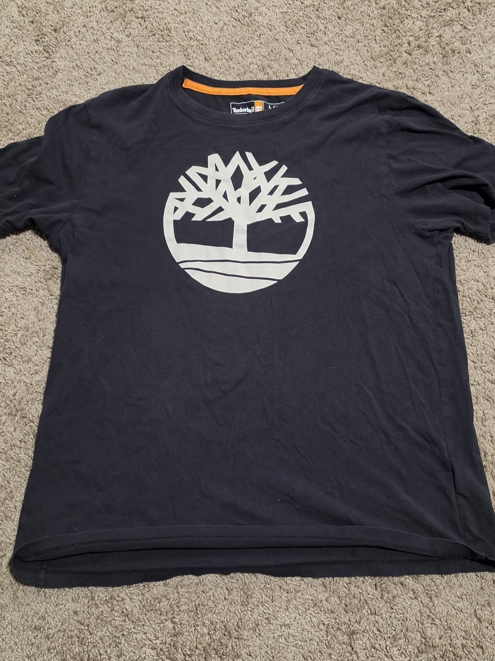 Men's Timberland Navy Blue Short Sleeve T-Shirt with Large White Logo (Size L)